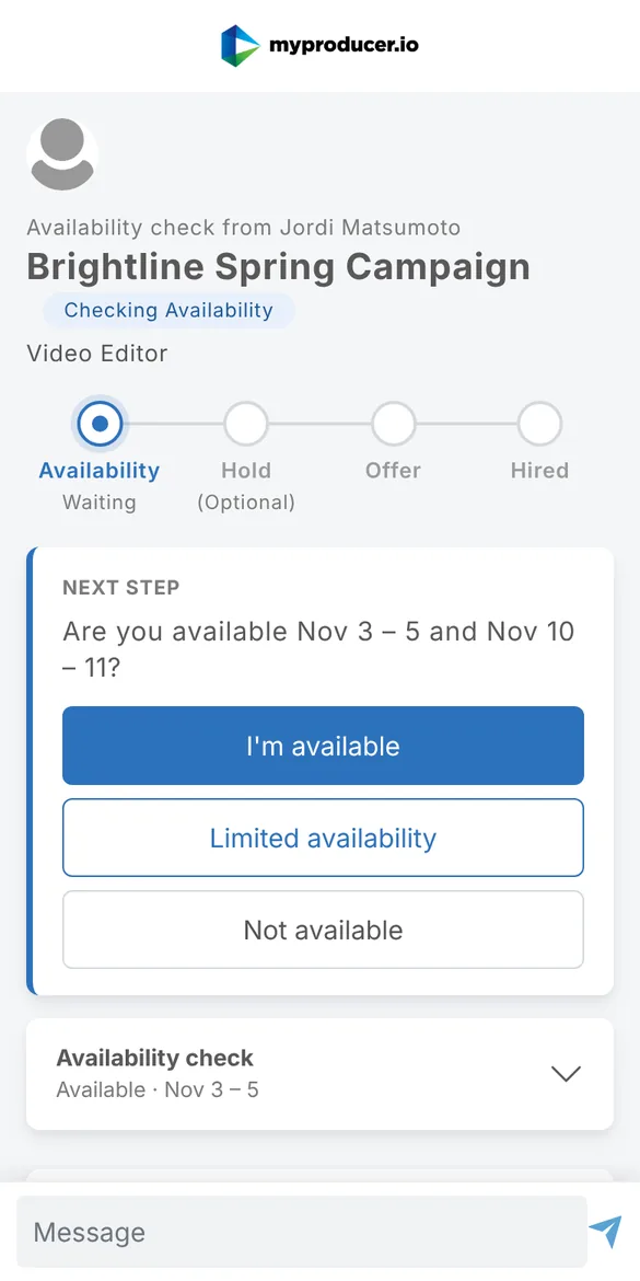 The answer page on a phone, asking Are you available Nov 3 to 5 and Nov 10 to 11, with I'm available, Limited availability and Not available buttons.