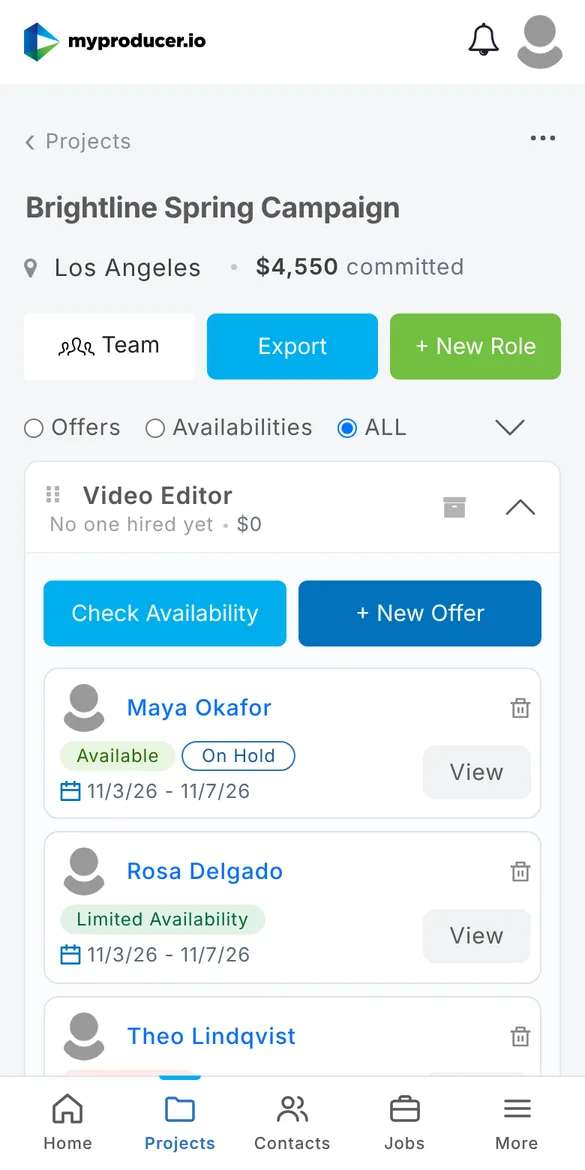 Your project on a phone: Video Editor role with Maya Okafor available and on hold, and Rosa Delgado with limited availability.